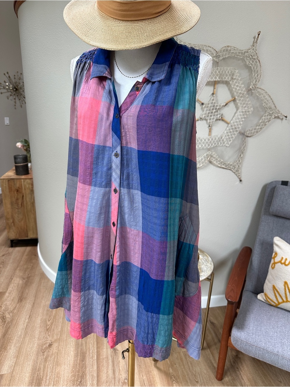 Anthropologie colorful colorful plaid “Ronan" Swing sleeveless shirt Dress.